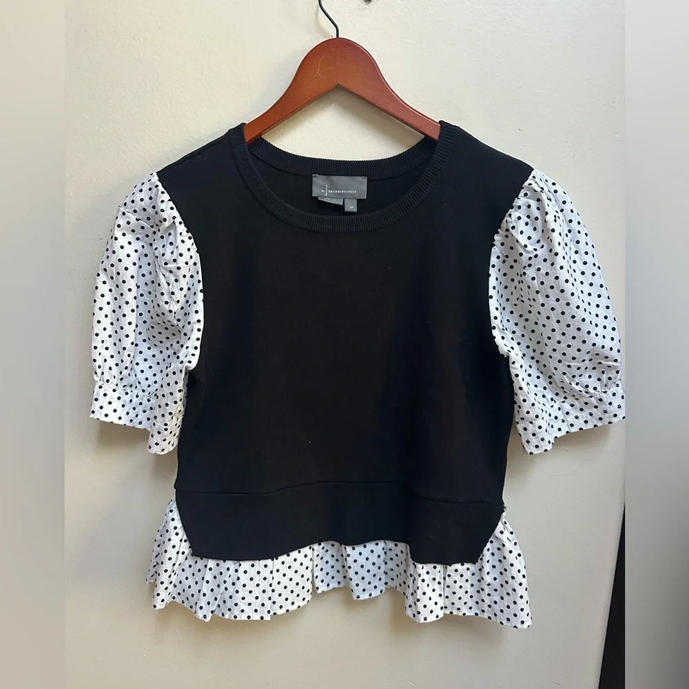 Anthropologie Polka Dot Puff Sleeve Top